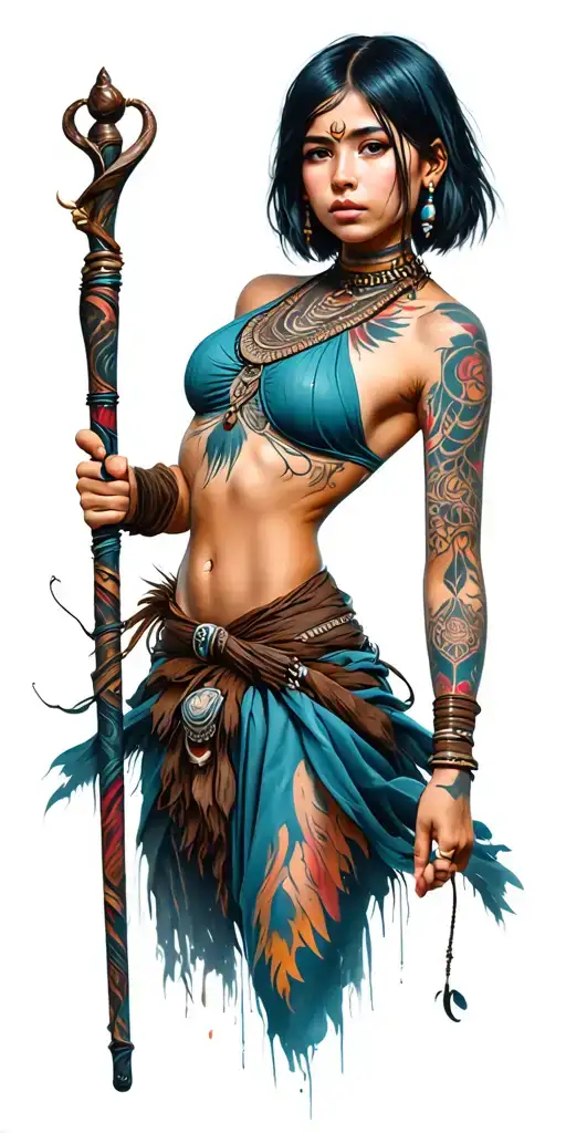 tribal girl with short hair holding staff tattoo design idea