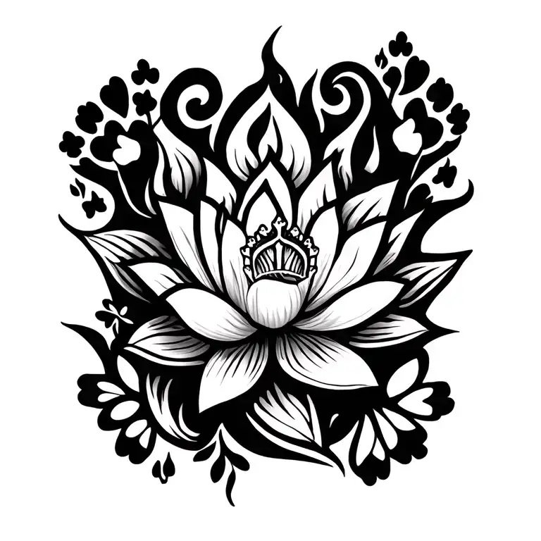 henna inspired style. a lotus flower, a tiara, a spark of flame, a shamrock and paw prints tattoo design idea