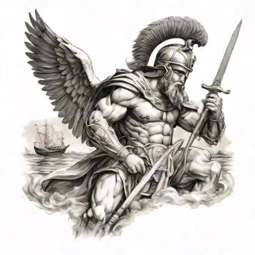 king leonitas angel spartan with shield and sword watching Persian ships wreck tattoo design idea