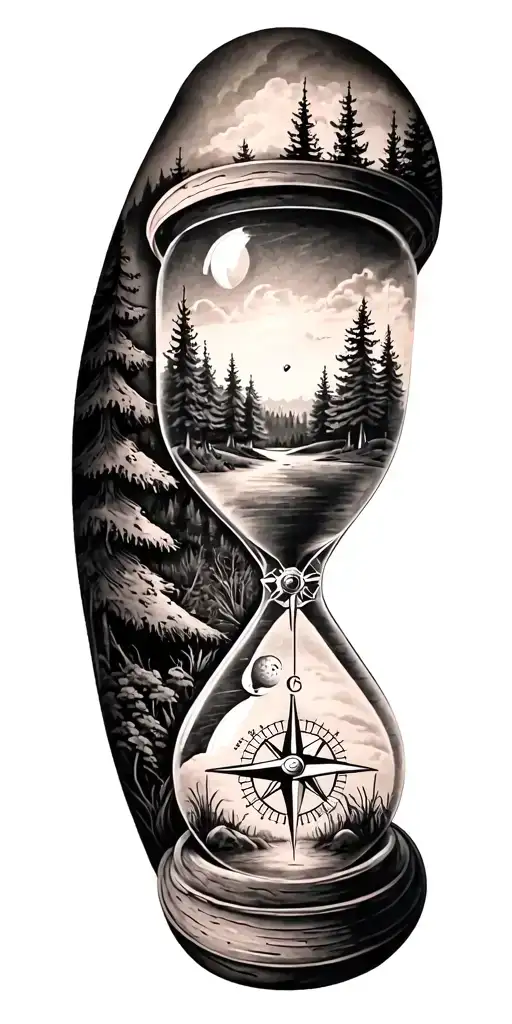 family and forest and hour glass and compass golf course tattoo design idea