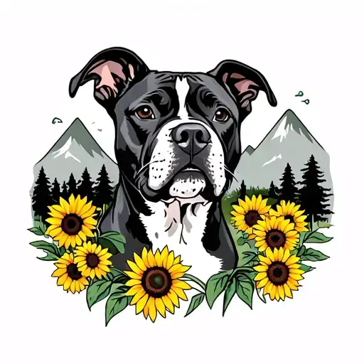 American staffordshire bull terrier with sunflowers, trees, and mountains tattoo design idea