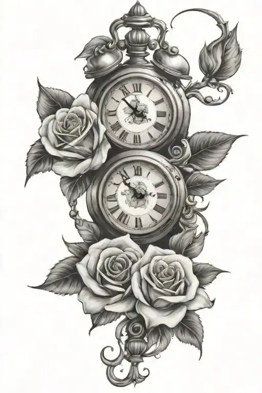 roses with a clock   tattoo design idea