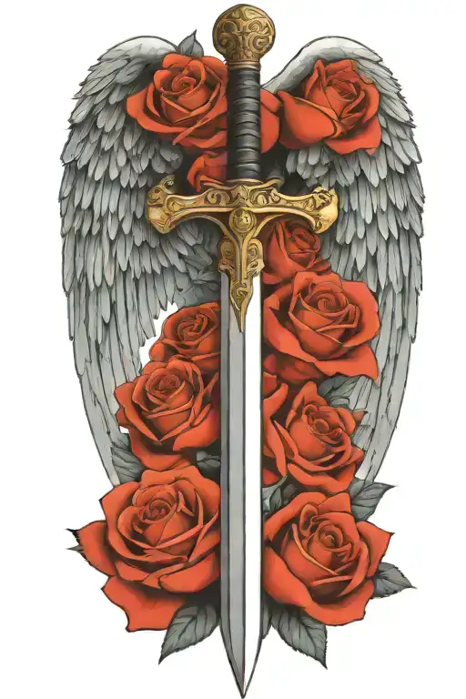 angel wings behind sword, roses tattoo design idea