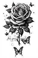 medium roses, 2 honeysuckles small, gemini sign with mini stars ,butterflies spaced out medium sized "free your mind"  tattoo design idea