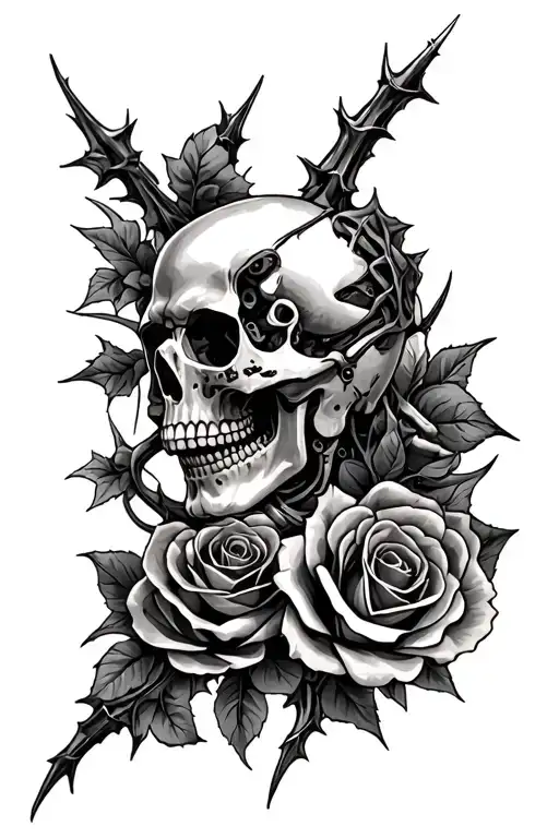 skulls with roses with thorns tattoo design idea