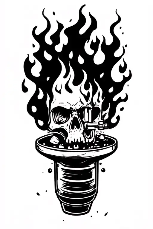 Molotov cocktail with wild, chaotic flames, Horror punk aesthetic, bold lines, Rob Zombie style, no text tattoo design idea