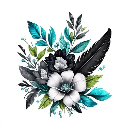 black feathers, colored feathers, american flag, green leaves, one brooch turquoise jewelry, flowers tattoo design idea