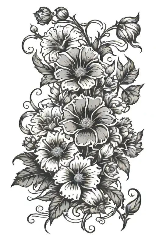 Floral arrangement with Aster focus, morning glory, carnation, and snowdrop flowers with vines. tattoo design idea