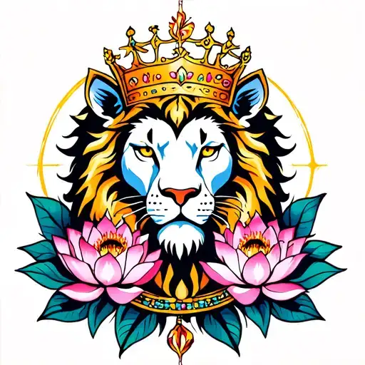 crowned lion with Orion's belt and lotus flowers intertwined tattoo design idea