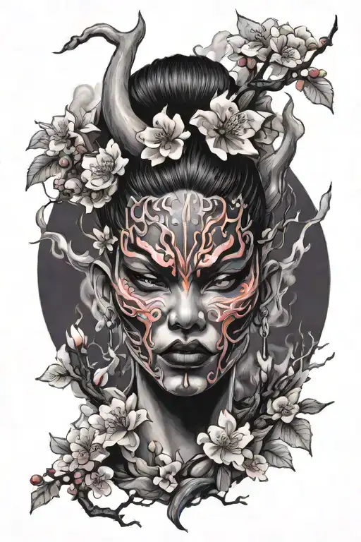 oni mask on the head of a girl surrounded by smoke and cherry blossoms tattoo design idea