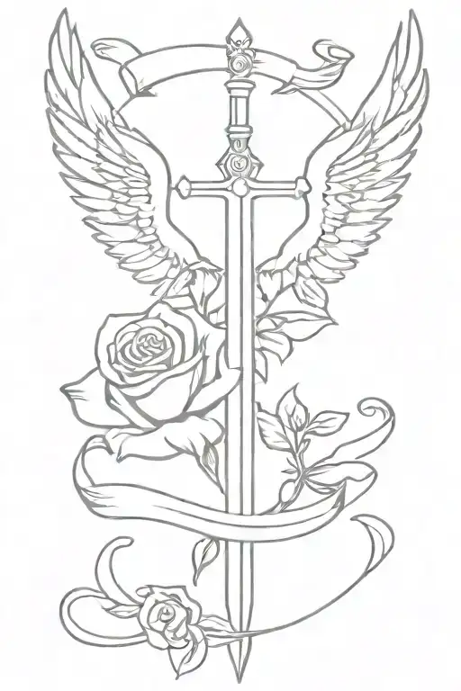 cross + sword + wings + rose + verse written tattoo design idea