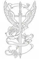 cross + sword + wings + rose + verse written tattoo design idea