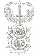 cross + sword + wings + rose + verse written tattoo design idea