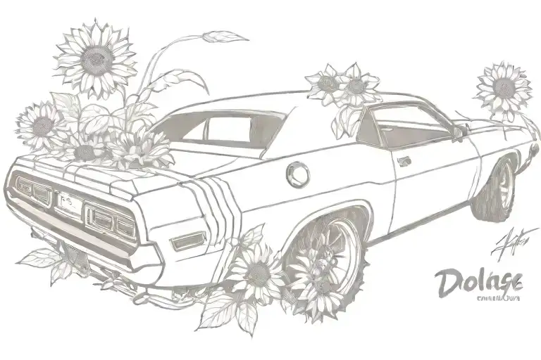 70's dodge challenger with sunflowers tattoo design idea