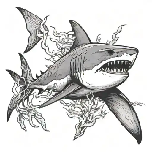 Great white shark and kelp forest from Pacific tattoo design idea