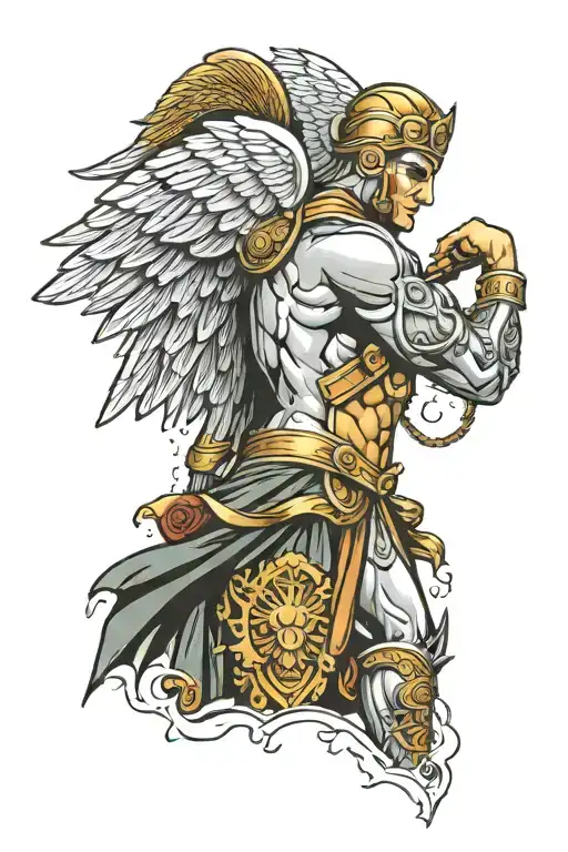 Upper back, shoulder, right arm tattoo with the following themes gladiator Air Force Constantine Archangel Michael Ocean tattoo design idea