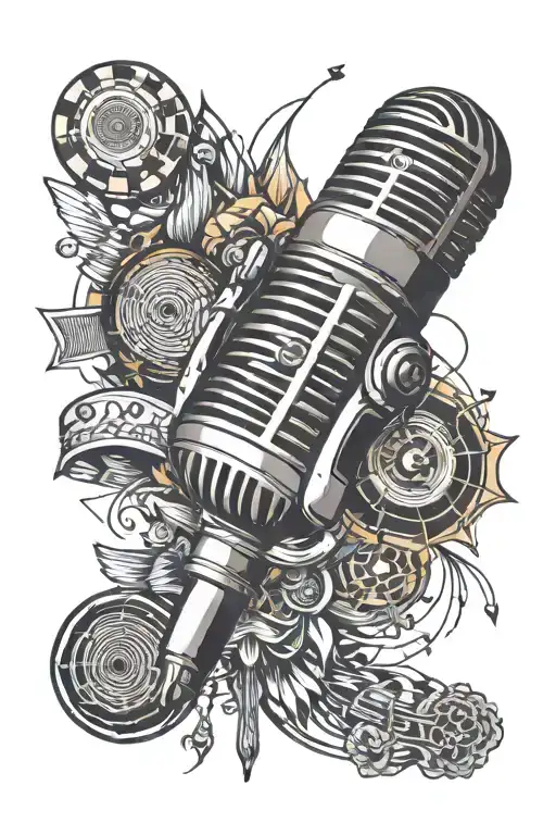 old school microphone surrounded by musical tattoo design idea