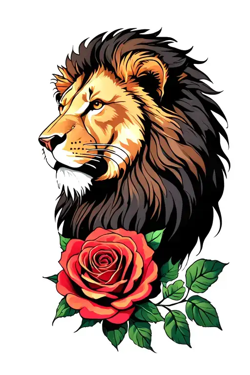 Lion head with back to a small rose intertwined on a small wrist tattoo design idea