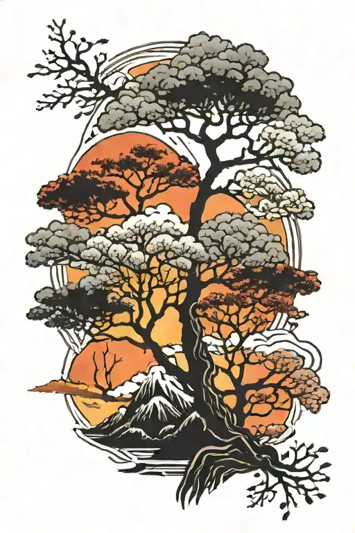 Autumn trees colors sunset scene with smoke tattoo design idea