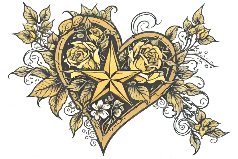 Bethlehem star inside of a heart with yellow roses tattoo design idea
