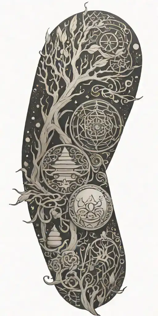 Blend Buddhist symbols, fine-line wood grain, anime elements, and subtle gaming symbols into a cohesive, flowing design tattoo design idea