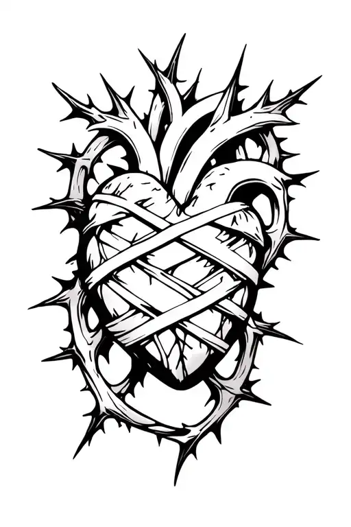 bandaged heart surrounded by thorns wrapping tattoo design idea