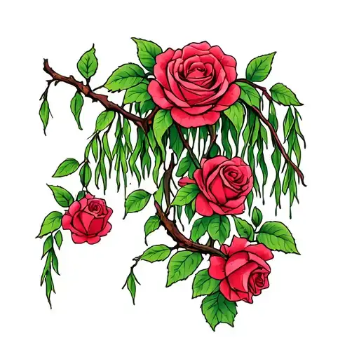 Weeping Willow Tree With Roses lined tattoo design idea