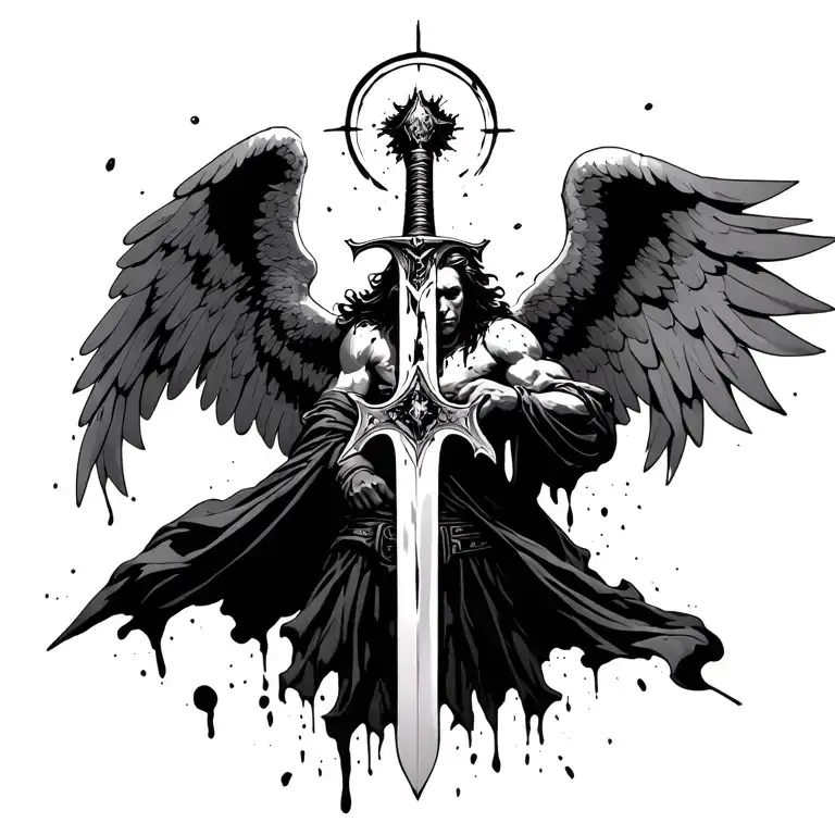 An archangel flying up above a battlefield that is beaten and battered blood still on sword with a broken halo heading b tattoo design idea