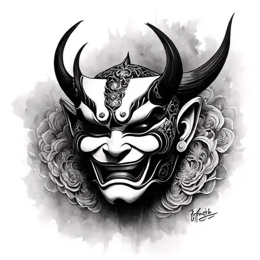 Black and white pencil sketch of a Hannya mask in realistic fine art style, with smooth shading and clean lines tattoo design idea
