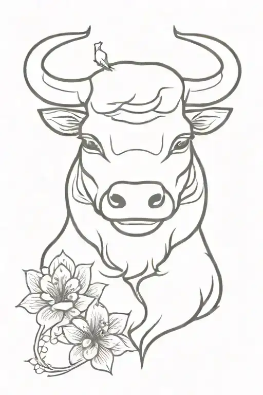 Bull head one half, connected with cat head other half in one line style, decoration with plum blossoms on bull head tattoo design idea