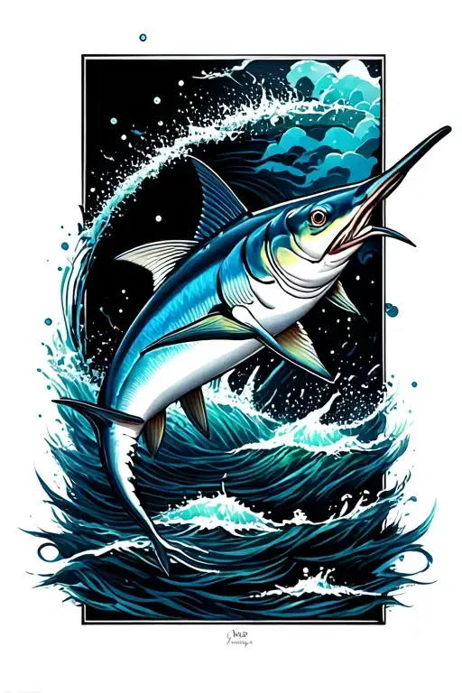blue marlin sleeve tattoo design idea