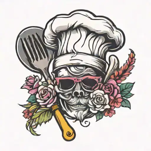 A neotraditional tattoo design of a chef's hat surrounded by vibrant flowers and cooking utensils, representing your love for both cooking and your grandkids tattoo design idea