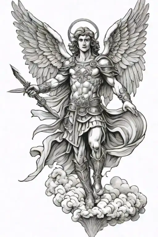 San Michael archangel with open wings spread wide fighting in the clouds  tattoo design idea