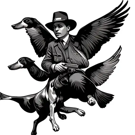 ducks flying guy holding gun dog beside him tattoo design idea