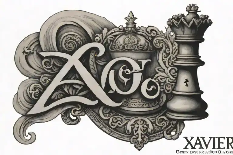 the name Xavier with the letter I replaced by a bishop chess piece  tattoo design idea