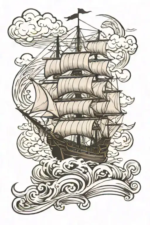 Galleon Ship bow 3/4  clouds, rough sea waves tattoo design idea