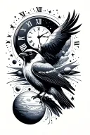 black stary space, planets, time clock, crow tattoo design idea