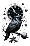 black stary space, planets, time clock, crow tattoo design idea