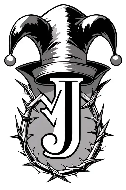 letter J with a jester hat above it and 4 suits under it, a bracelet of thorns at the wrist, forming a Y around the J  tattoo design idea
