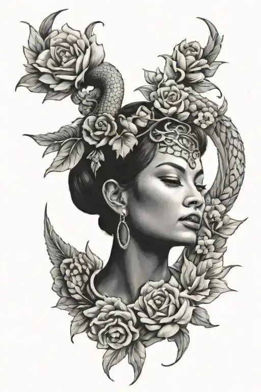 naga feminism symbol and flowers tattoo design idea