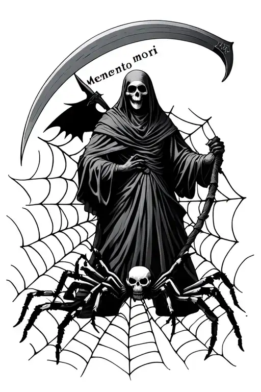 "Memento mori " grim reaper holding scythe large spider and spider web  underneath tattoo design idea