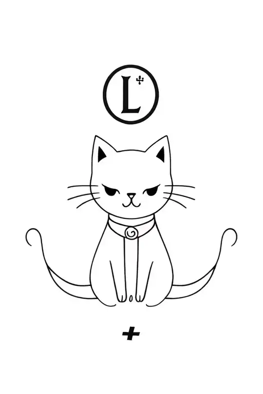 delicate collar-style tattoo, subtle happy collared kitten, triskelion symbol, the letter L on top, circle with + in it tattoo design idea