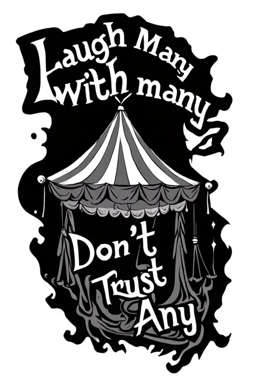 "Laugh with many Dont trust any" Evil circus tent behind silhouette tattoo design idea