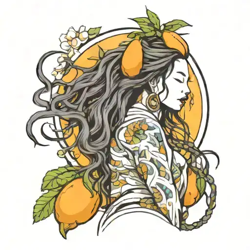 Concept: A full-body tattoo of a woman standing gracefully with flowing locs, holding a mango.  Details:  Pose: Relaxed, tattoo design idea