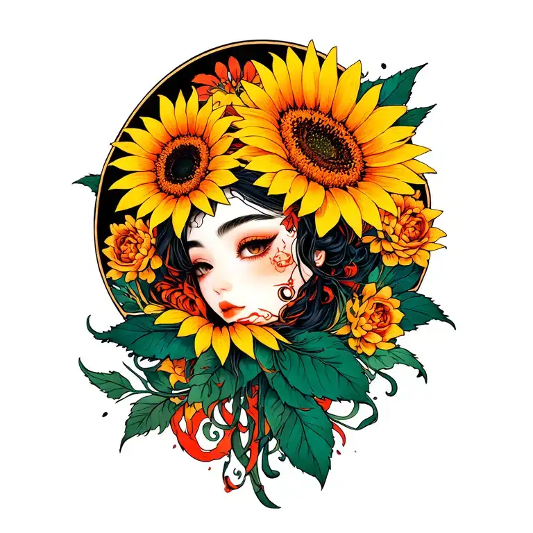 Gemini Witch Girassol Fogo tattoo design idea