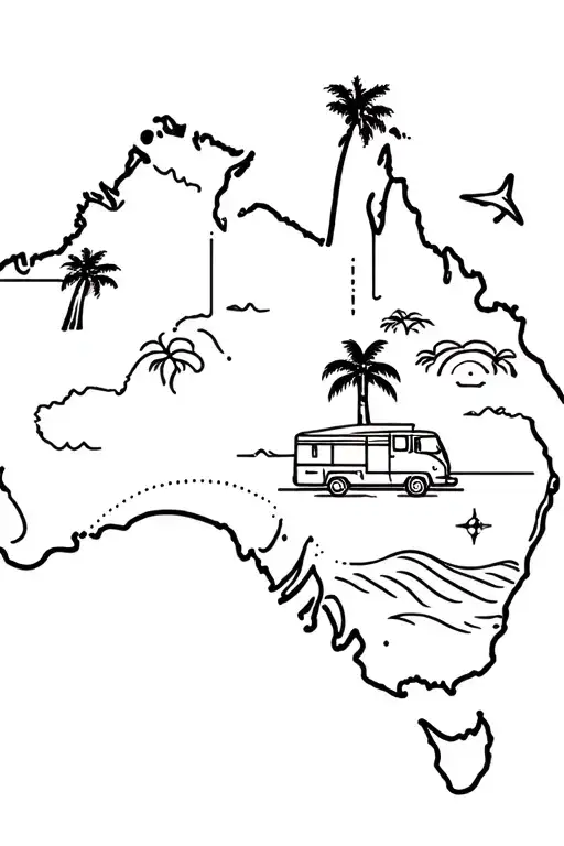 map of australia, travel, campervan, wave, dolphin, sunset, compass, palm trees, dotted lines, curve details, fine line tattoo design idea