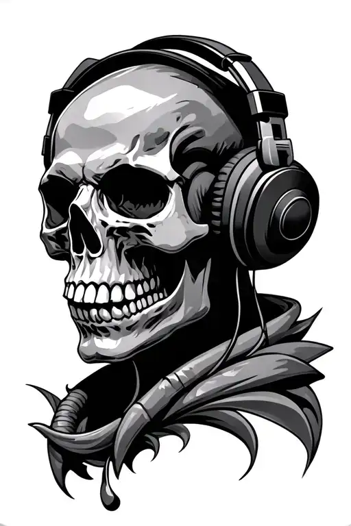 skull wearing headphones tattoo design idea