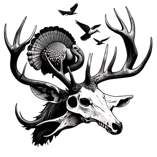 deer skull with turkey and doves flying between the horns all made from smoke tattoo design idea