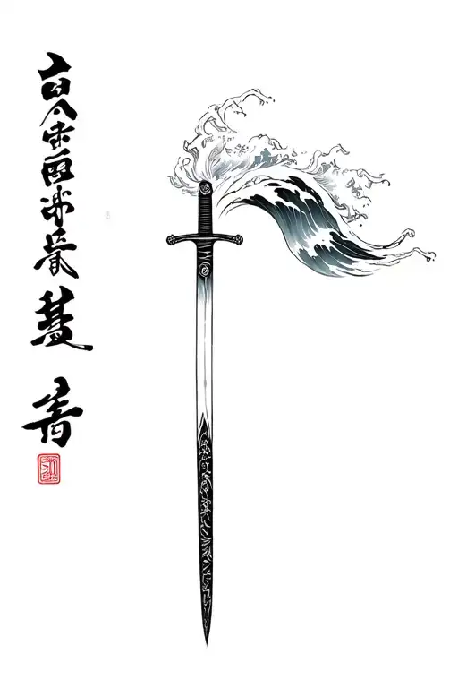 katana with waves around it and kokoro no kami kanji beside it tattoo design idea