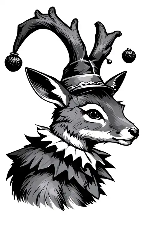 a jackalope with a little jester hat and ruffled collar tattoo design idea